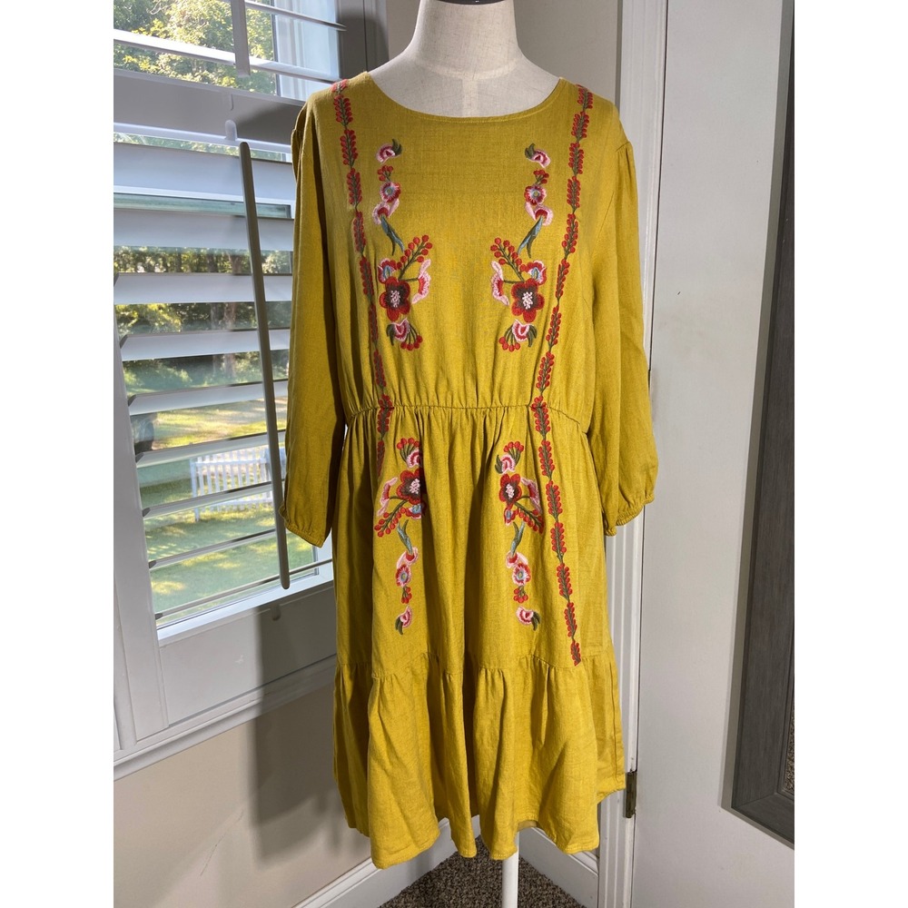 Roolee Dress L Mustard Yellow Floral Folk Embroidered Tiered Linen Blend Peasant
